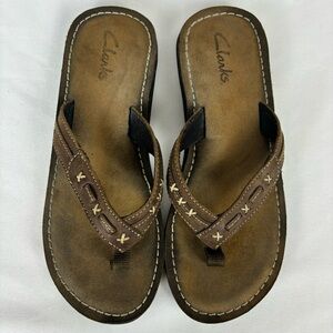 Clarks Flip Flops Leather Thong Comfort Slip-On Classic Sandals Brown Size 7